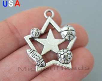 5 Silver All STAR Sport Charm Pendants - 30x25mm Sport Ball Charm Connector Pendant - Instant Ship - USA Diy Supplies - 5999