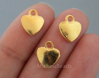 BULK 25 GOLD Heart Charm Pendants - 12mm Small Puffed Golden Metal Heart Love family Charm Dangle - Instant Shipping - USa DIY - 6465