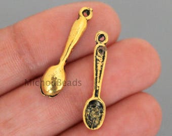 BULK 100 SPOONS Charm Pendant -  25mm Antiqued Gold Cooking Kitchen 3D Spoon Utensils Nickel Free Metal Dangle - Instant Ship - Usa - 6444