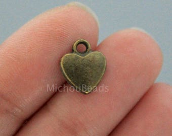 5 Antiqued BRONZE Heart Charm Pendants - 12mm Small Puffed Metal Heart Love family Charm Dangle - Instant Shipping - USa DIY - 6464