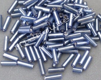 15 Grams / 440 Beads BLUE 6mm Silver Lined Glass BUGLE Seed Tube - Skinny 6x1.45mm 0.72mm Hole Irregular DIY - Instant Ship from USa - 6700