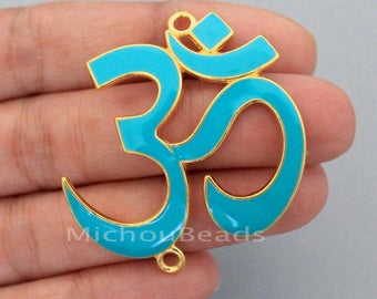 1 Turquoise Enamel OM CONNECTOR Charm - Large 45mm Tibetan Style Boho Sideways Curved Ohm Charm Link - Instant ship - Usa DIY Jewelry - 6580