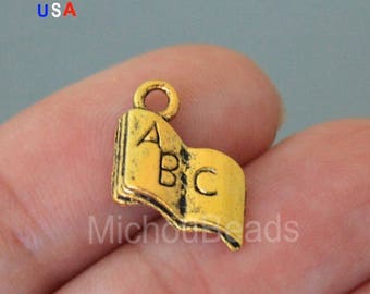 BULK 25 Baby ABC Book Charms - 12mm Gold Baby Toy Alphabet Book Metal Charm Pendant - Instant Ship - USA 6176