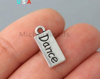 BULK 25 DANCE Tag Charms - 12mm Word Message Inspiration Rectangle Metal Dangle Pendant Stamping - Instant Ship - USa Wholesale Tags - 6242