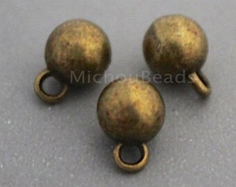 5 Round 6mm Antiqued BRONZE Bead Ball Button Charm DANGLE - 8x6mm w/ Loop Tibetan Style Metal Boho Dangle Pendant Findings  - 6940