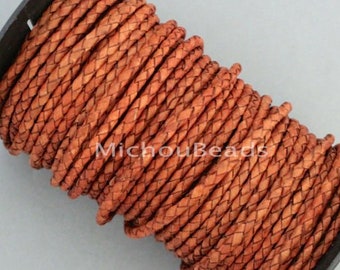 2 Yards 3mm BOLO Round Braided Leather Cord - Distressed RUSTIC BROWN 4 Ply Braid 6 Feet Genuine Lead Free Dye Leather Cording