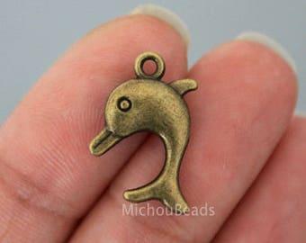 5 DOLPHIN Charm Dangles - 19mm Bronze Marine Ocean Sea beach Pendant Charms - Instant Shipping - USA DIY Discount Charms - 6534