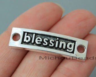 5 BLESSING Charm Connector - 35mm Rectangle Word Message Metal Silver Connector Link - Instant Ship - USA Discount Charms - 6110