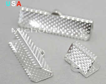 26 SILVER 10x6mm Ribbon Cord CRIMP End Clamp - 10mm Rectangle Textured Press Pinch Bail Crimp Cord and Leather - Instant Ship fr USA - 5788