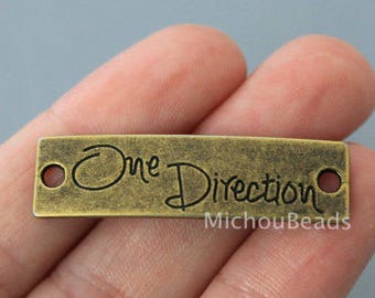 5 One DIRECTION Charm Connectors - 39mm Sideways Curved Rectangle Word Message Metal Antiqued Bronze Link - Instant Ship - USA - 6402