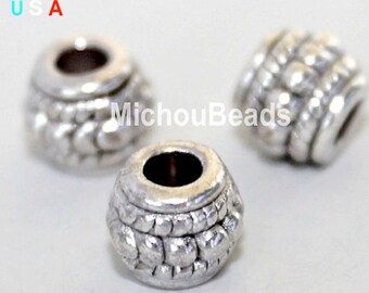 5 ANTIQUED Silver 8mm Tibetan Style DRUM Spacer Bead - 8X6mm w / Large 3.4mm Hole Boho Nickel Free Metal Beads - Instant Ship fr USA - 5735