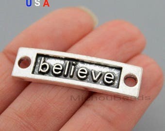 5 BELIEVE Charm Connector - 35mm Rectangle Word Message Metal Silver Believe Connector Link - Instant Ship - USa Discount Charm - 6061