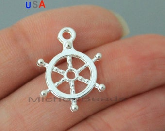 25 Silver Nautical RUDDER Wheel - 19x15mm Bright Silver Nautical Beach Ocean Wheel Ship Charm Link Connector Pendant - USA - 6100