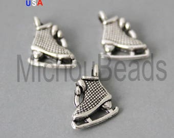 5 Silver Ice SKATING Shoe Charms - 11mm 3D Girl Ice Figure Skate Sport Double Sided Metal Charm Pendant - Instant Ship - USA - 6172