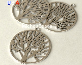 12 Antiqued SILVER Tibetan Style Tree of LIFE Pendant Drop - 42mm Round Tree Life Charm Pendant - Lead / Nickel Free - Instant Ship - 5495