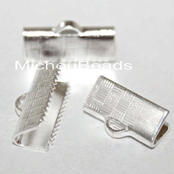 6 Textured SILVER 15mm Ribbon End CRIMPS - 15x6mm Rectangle Brass Clamp Crimps for Leather and Cord - USA Wholesale Discount Crimps - 5807