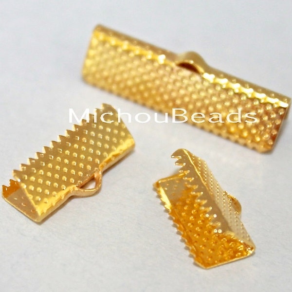 26 GOLD 25mm Ribbon Cord CRIMP End Clamps - Rectangle 25x6mm Textured Press Pinch Bail Crimp for Cord n Leather - Instant Ship - USA - 5795