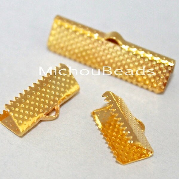 BULK 100 GOLD 20mm Ribbon Cord CRIMP End Clamps - Rectangle 20x6mm Textured Press Pinch Bail Crimp Cord Leather - Instant Ship - Usa - 5797