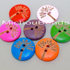 May include: Seven wooden buttons with a tree design. The buttons are painted in various colors, including pink, red, green, blue, orange, and purple. Each button has two holes for sewing.