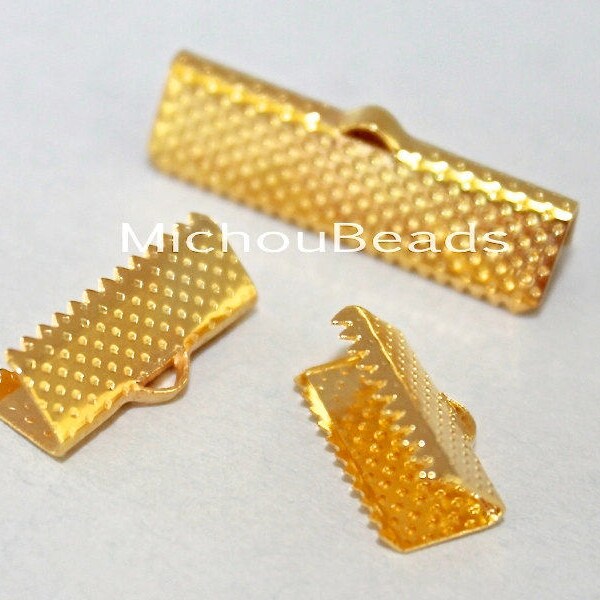 26 GOLD 20mm Ribbon Cord CRIMP End Clamps - Rectangle 20x6mm Textured Press Pinch Bail Crimp for Cord n Leather - Instant Ship - USA - 5797