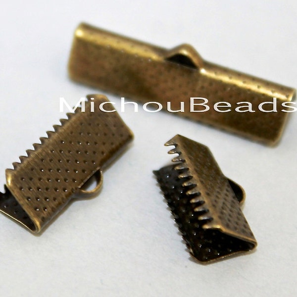 6 ANTIQUED Bronze Gold 13x6mm Ribbon Cord CRIMP End Clamps - 13mm Rectangle Nickel Free Textured Press End Crimps for Cord - USA - 5785