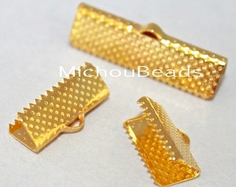 26 GOLD 25mm Ribbon Cord CRIMP End Clamps - Rectangle 25x6mm Textured Press Pinch Bail Crimp for Cord n Leather - Instant Ship - USA - 5795