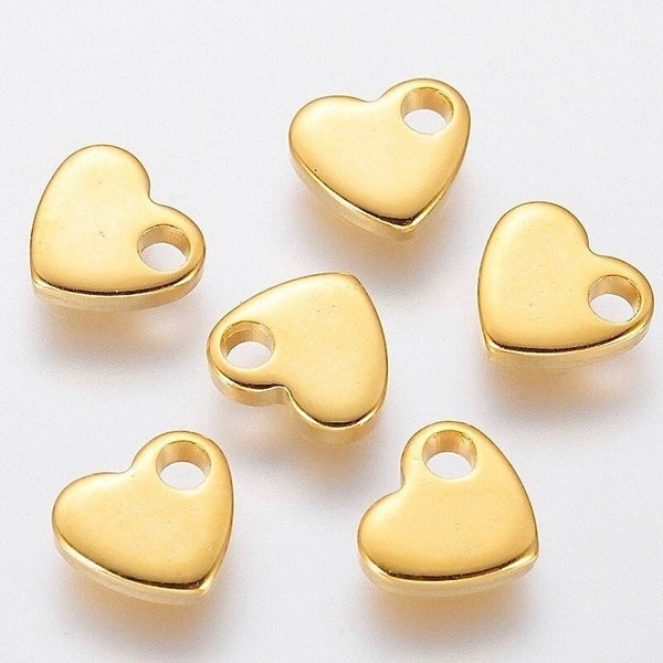 10 GOLD 7mm STAINLESS Steel Heart Tag Charms . TINY Stainless Steel Heart Blank Stamping Golden Tags 2mm Hole . Tarnish Resistant 7521