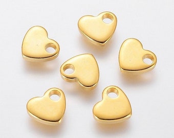 10 GOLD 7mm STAINLESS Steel Heart Tag Charms . TINY Stainless Steel Heart Blank Stamping Golden Tags 2mm Hole . Tarnish Resistant 7521