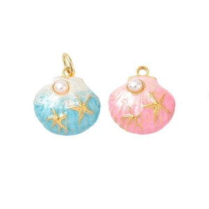 May include: Two seashell charms, one in blue and white, the other in pink. Each charm features a gold-colored starfish design and a pearl accent. The charms have a gold-colored loop for hanging.