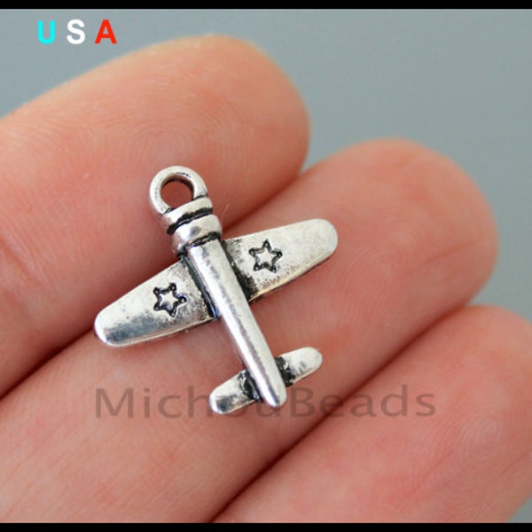 25 Airplane Charms - 19mm Antiqued Silver Travel Plane Metal Charm Pendants - Instant Shipping - USa Discount Charm - 6243