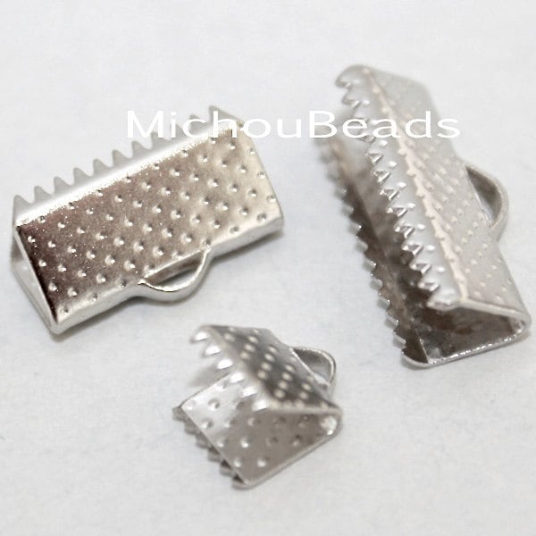 26 PLATINUM 16x6mm Ribbon Cord CRIMP End Clamps - 16mm Rectangle Textured Press Pinch End Crimps for Cord Leather - Instant Ship USA - 5782