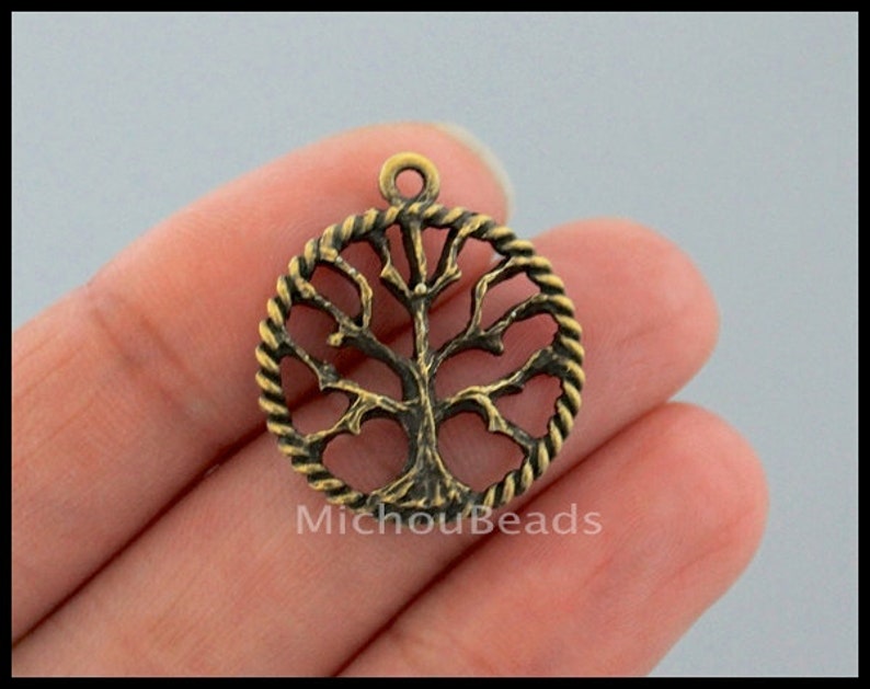 BULK 100 Bronze TREE of Life Circle Charms 25mm Antiqued Bronze Round Textured Tree of Life Connector Link Pendant Instant Ship USA 6490