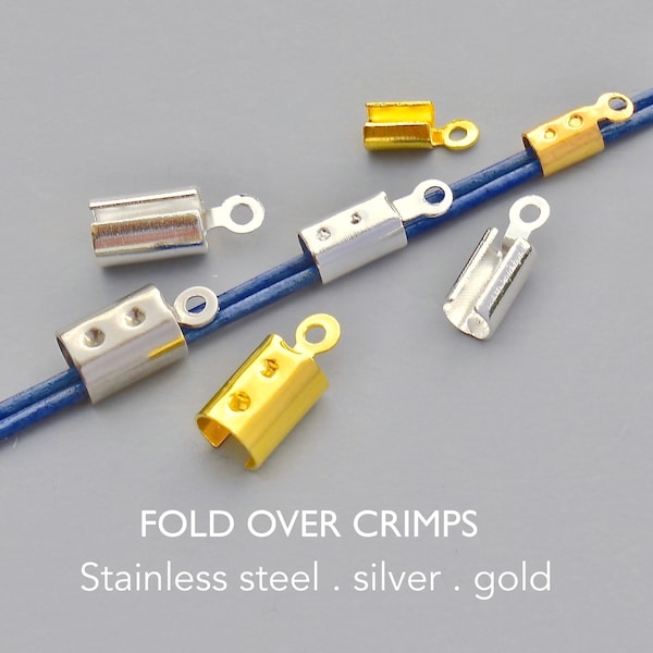 FOLD Over Cord CRIMP Ends - Stainless Steel Silver Gold Folding Metal Tube with Loop End Caps Crimps For Ribbon Faux Feather Suede