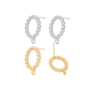 May include: A set of four earring studs featuring a twisted rope-style circular design. Two studs are silver-toned and two are gold-toned. Each circular component includes a small loop at the bottom for attaching charms or additional jewelry elements.