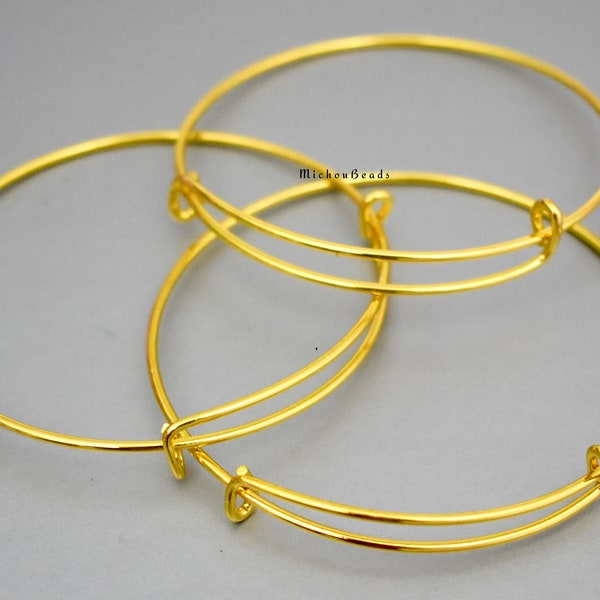 15 GOLD Expandable Bangles - Medium Large Adjustable Wire Bracelet - Double Bar Shiny Gold Plated - Lead and Nickel Safe - BARGAIN Bin -0095