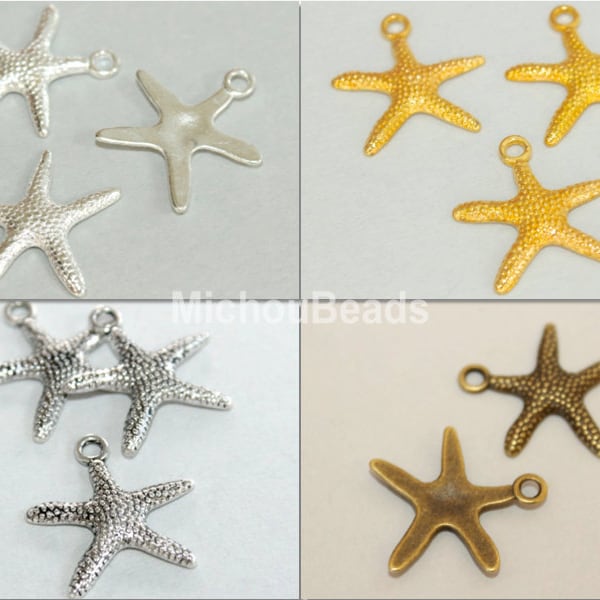 3 STARFISH Charm Pendants - 19mm Gold / Silver / Antiqued Silver bronze Star Ocean Beach Nautical Charm - Pick COLOR - USA Seller - 5496/99