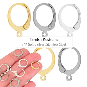 Round LEVER BACK Ear Wires Earrings 24K Gold Sterling Silver Stainless Steel Huggie Hoops Findings
