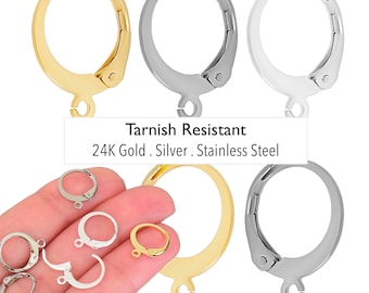 10 Pcs Tarnish resistant Round Lever Back Hook Ear Wires w/ Loop Earrings . 24K Gold Silver Stainless Steel - 14.5x12mm Earring Findings