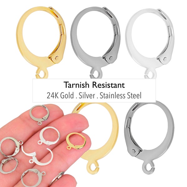 10 Pcs Tarnish resistant Round Lever Back Hook Ear Wires w/ Loop Earrings . 24K Gold Silver Stainless Steel - 14.5x12mm Earring Findings