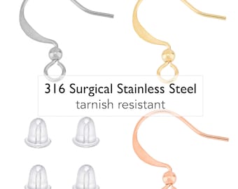 10 FRENCH Hook EAR WIRES with Ball & Horizontal Loop . 19mm Rose gold and 18K Gold plated 316 Surgical Stainless Steel Earring Findings