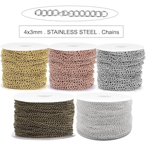 May include: Five spools of 4x3mm stainless steel chain in gold, rose gold, silver, bronze, and white. The chain is on spools with white labels.