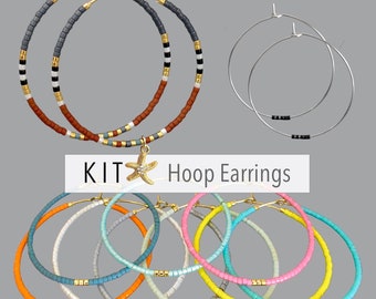 KIT 6 Pairs Beaded Hoop Earrings . 30mm 40mm 18K Gold Plated 316 Surgical Stainless Steel . 11/0 DELICA Miyuki Tiny Seed beads Kit Tutorial