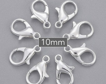 25 SILVER 10mm Lobster Clasps - 10X5mm Silver Plated Alloy Metal Lobster Claw Parrot Clasp - USA Wholesale Clasp - Lead Nickel Safe - 5883