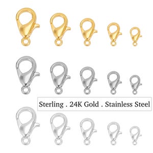 LOBSTER CLASPS 925 Sterling Silver & 24K Gold STAINLESS Steel - 304 316 Surgical Stainless Steel 9mm 10mm 12mm 13mm 15mm Lobster Claw - 7546