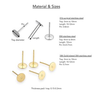 flat round tray pads earring post studs ear wire . Glue in cabochon setting flat pad -  several sizes 3mm 4mm 6mm 8mm 10mm . silicone rubber back ear nuts .hypoallergenic tarnish resistant 316 surgical stainless steel and 304 18K gold plated