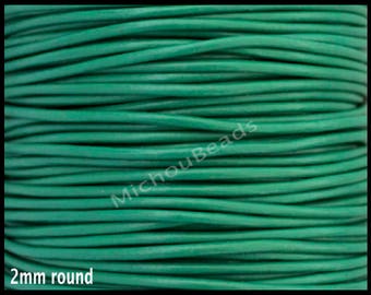 5 Yards 2mm Round LEATHER Cord - LIGHT Green 15 feet Genuine Natural Lead free dye Indian Boho Leather Cording By the Yard - USA Wholesale