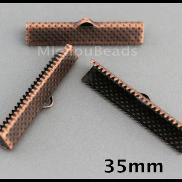 6 Textured 35mm Antiqued COPPER Iron Ribbon End CRIMPS - 35x6mm Rectangle Clamp Crimps Leather and Cord - USA Discount Crimp Beads - 6560