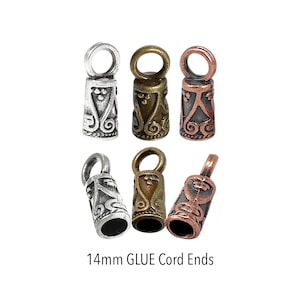 14mm CORD End GLUE in CAPS - Large 3.8mm Hole Tibetan Style 14x5.2mm Antique Silver Copper Bronze Glue in Cord End Crimp Tips w/ Loop