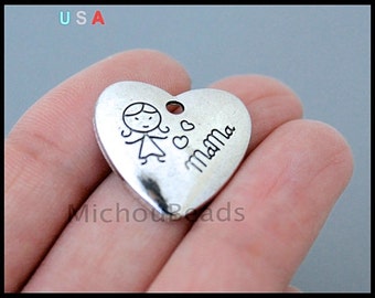 5 Girl MAMA Heart Charm Pendants - 20mm Antiqued Silver Mother Family Message Word Metal Heart Dangle Charm - Instant Ship - USA DIY - 6338