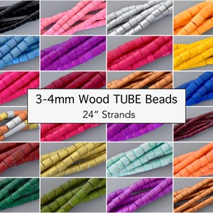 May include: A collage of 24-inch strands of 3-4mm wood tube beads in various colors, including black, pink, silver, orange, blue, purple, red, gold, green, and turquoise.